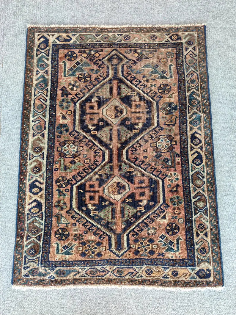3x4 Persian Shiraz Rug | Hand Knotted Wool Rug | Antique Navy Oriental Carpet