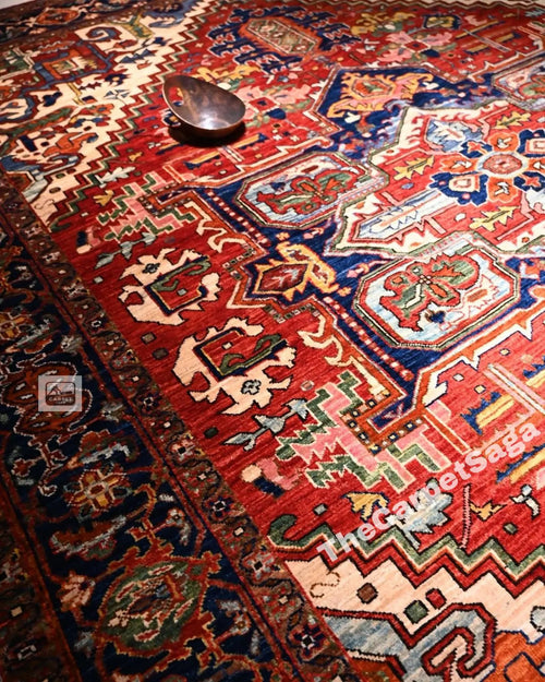 5x8 Handmade Persian Heriz Rug Red Navy Wool Area Rug