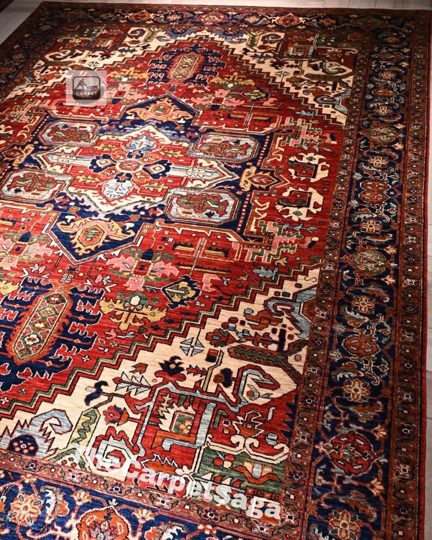 8x10 Red & Navy Heriz Rug | Handmade Wool Area Rug | Persian Oriental Carpet | Geometric Tribal Rug | Living Room Decor