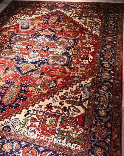 5x8 Handmade Persian Heriz Rug Red Navy Wool Area Rug