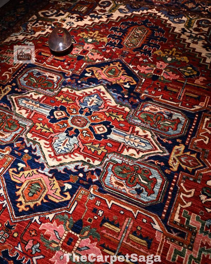 5x8 Handmade Persian Heriz Rug Red Navy Wool Area Rug