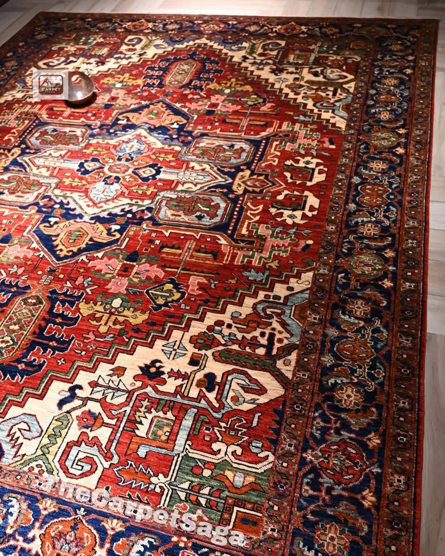 8x10 Red & Navy Heriz Rug | Handmade Wool Area Rug | Persian Oriental Carpet | Geometric Tribal Rug | Living Room Decor