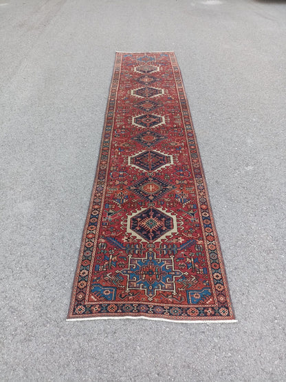 Vintage Wool Runner Rug 3x14 | Turkish Heriz Karajah Hallway Carpet