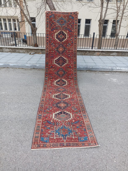 Vintage Wool Runner Rug 3x14 | Turkish Heriz Karajah Hallway Carpet