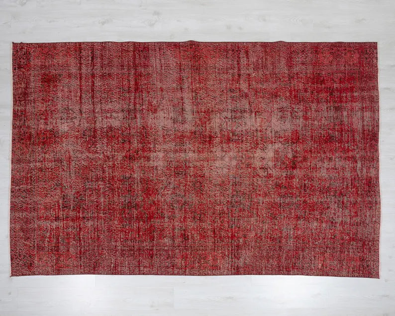 6x9 Vintage Turkish Oushak Rug | Handwoven Wool Area Rug | Red Geometric Carpet