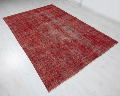 6x9 Vintage Turkish Oushak Rug | Handwoven Wool Area Rug | Red Geometric Carpet