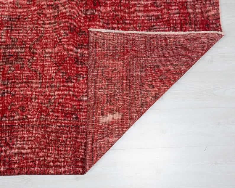 6x9 Vintage Turkish Oushak Rug | Handwoven Wool Area Rug | Red Geometric Carpet