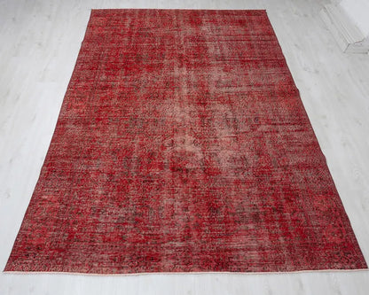 6x9 Vintage Turkish Oushak Rug | Handwoven Wool Area Rug | Red Geometric Carpet