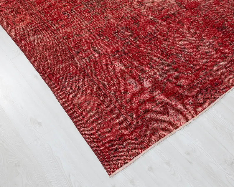 6x9 Vintage Turkish Oushak Rug | Handwoven Wool Area Rug | Red Geometric Carpet