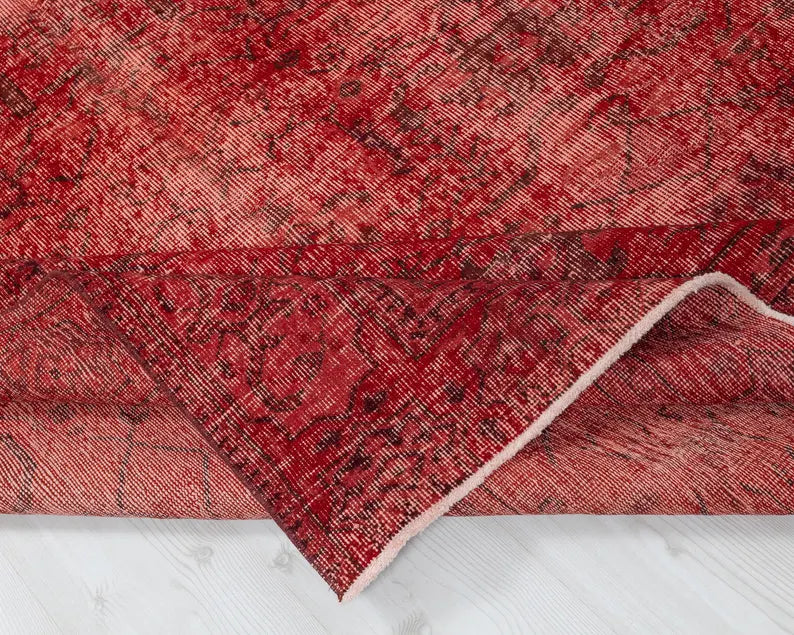 6x9 Vintage Turkish Oushak Rug | Handwoven Wool Area Rug | Red Geometric Carpet