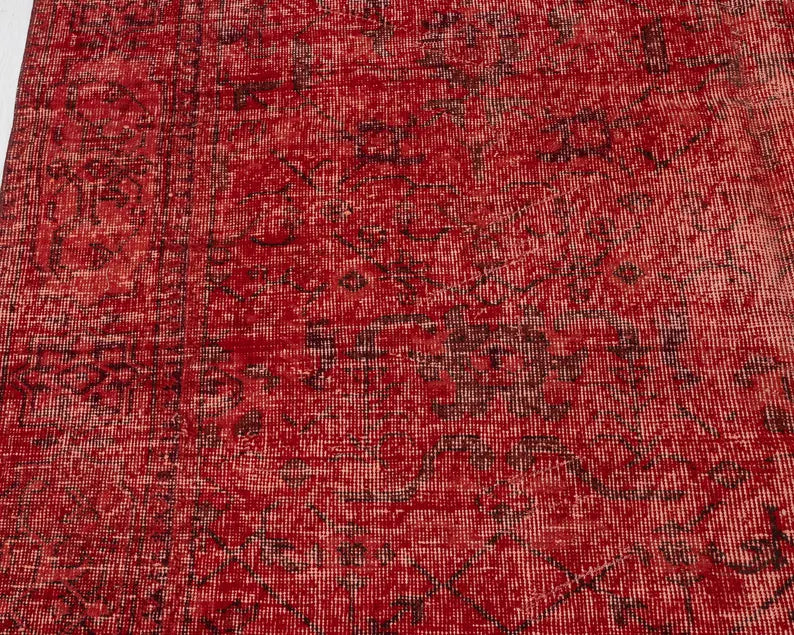 6x9 Vintage Turkish Oushak Rug | Handwoven Wool Area Rug | Red Geometric Carpet