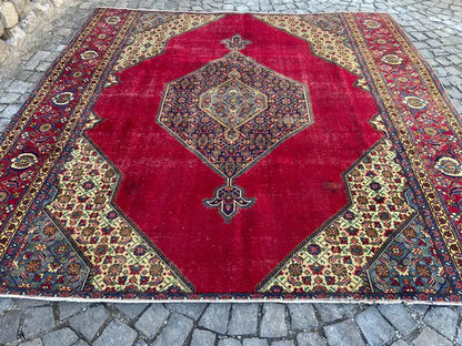 9.6x9.8 Vintage Persian Rug | Antique Geometric Wool Area Rug | Red Blue Oriental Carpet
