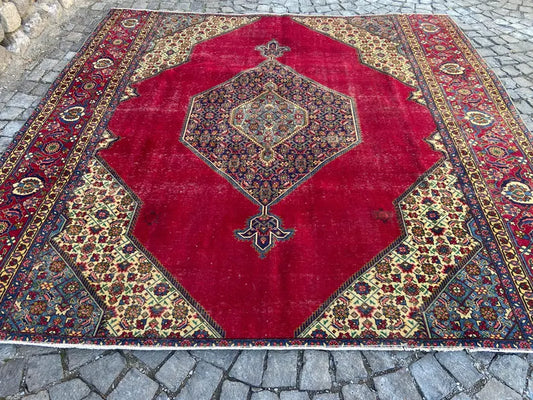 9.6x9.8 Vintage Persian Rug | Antique Geometric Wool Area Rug | Red Blue Oriental Carpet