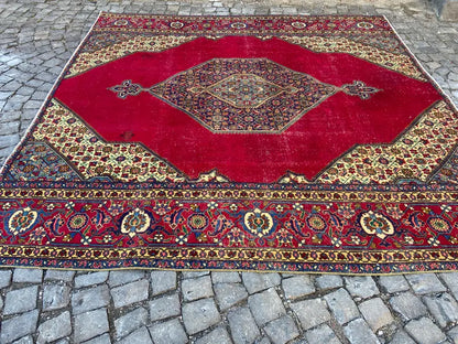 9.6x9.8 Vintage Persian Rug | Antique Geometric Wool Area Rug | Red Blue Oriental Carpet