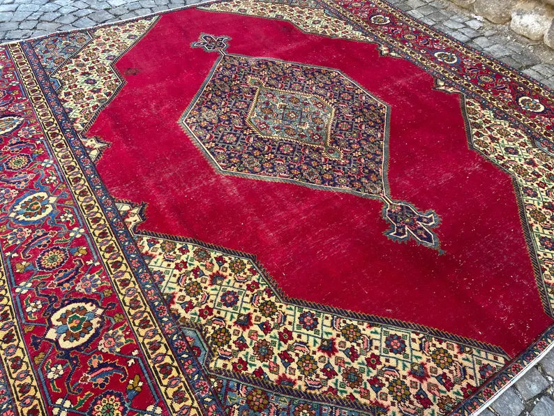 9.6x9.8 Vintage Persian Rug | Antique Geometric Wool Area Rug | Red Blue Oriental Carpet