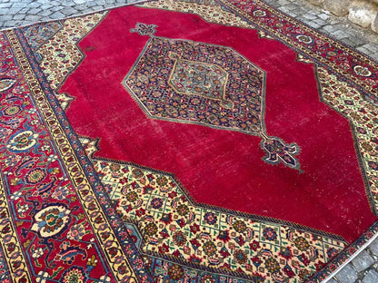 9.6x9.8 Vintage Persian Rug | Antique Geometric Wool Area Rug | Red Blue Oriental Carpet