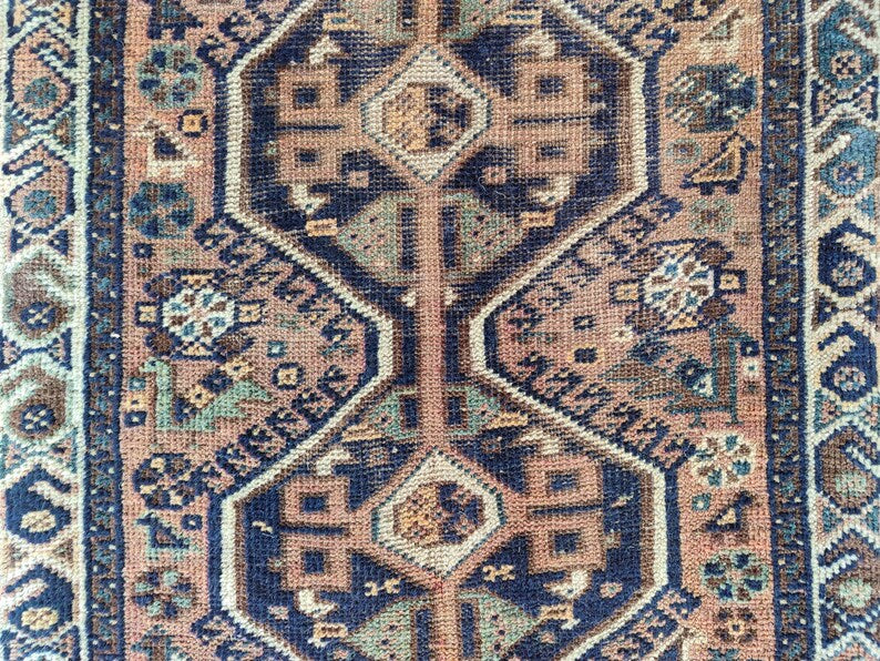 3x4 Persian Shiraz Rug | Hand Knotted Wool Rug | Antique Navy Oriental Carpet