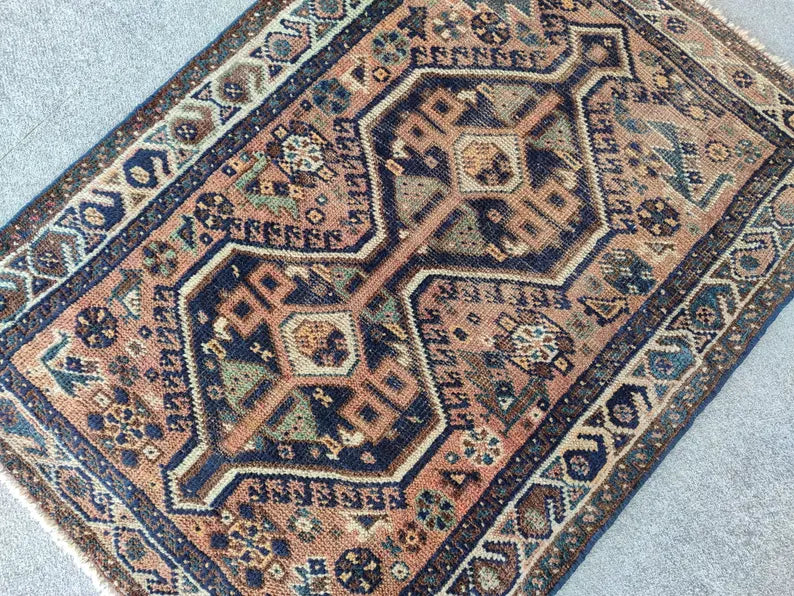 3x4 Persian Shiraz Rug | Hand Knotted Wool Rug | Antique Navy Oriental Carpet