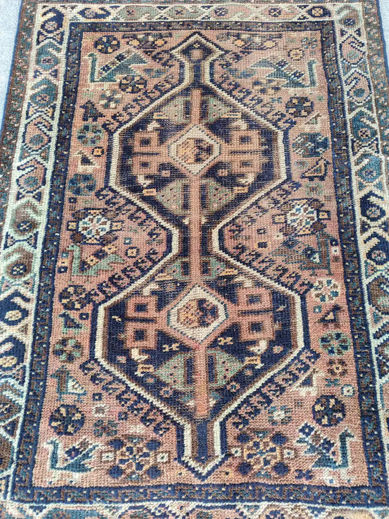 3x4 Persian Shiraz Rug | Hand Knotted Wool Rug | Antique Navy Oriental Carpet
