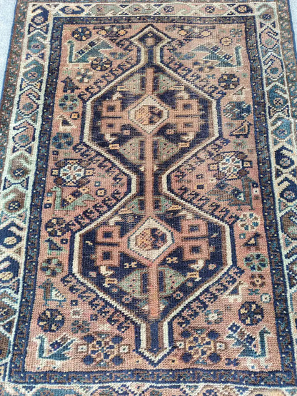 3x4 Persian Shiraz Rug | Hand Knotted Wool Rug | Antique Navy Oriental Carpet