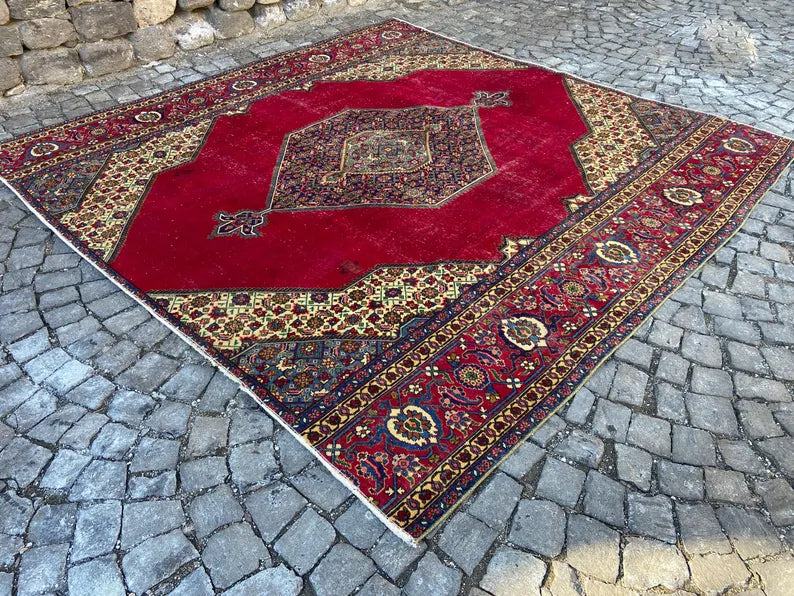 9.6x9.8 Vintage Persian Rug | Antique Geometric Wool Area Rug | Red Blue Oriental Carpet