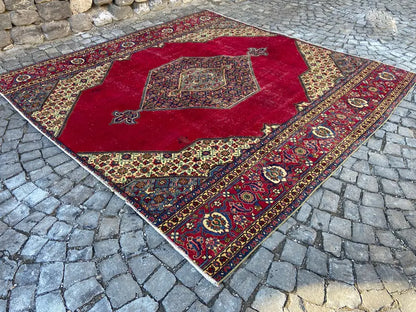 9.6x9.8 Vintage Persian Rug | Antique Geometric Wool Area Rug | Red Blue Oriental Carpet