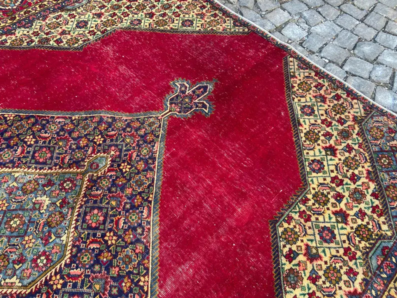 9.6x9.8 Vintage Persian Rug | Antique Geometric Wool Area Rug | Red Blue Oriental Carpet
