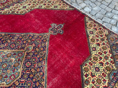 9.6x9.8 Vintage Persian Rug | Antique Geometric Wool Area Rug | Red Blue Oriental Carpet