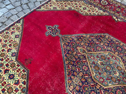 9.6x9.8 Vintage Persian Rug | Antique Geometric Wool Area Rug | Red Blue Oriental Carpet