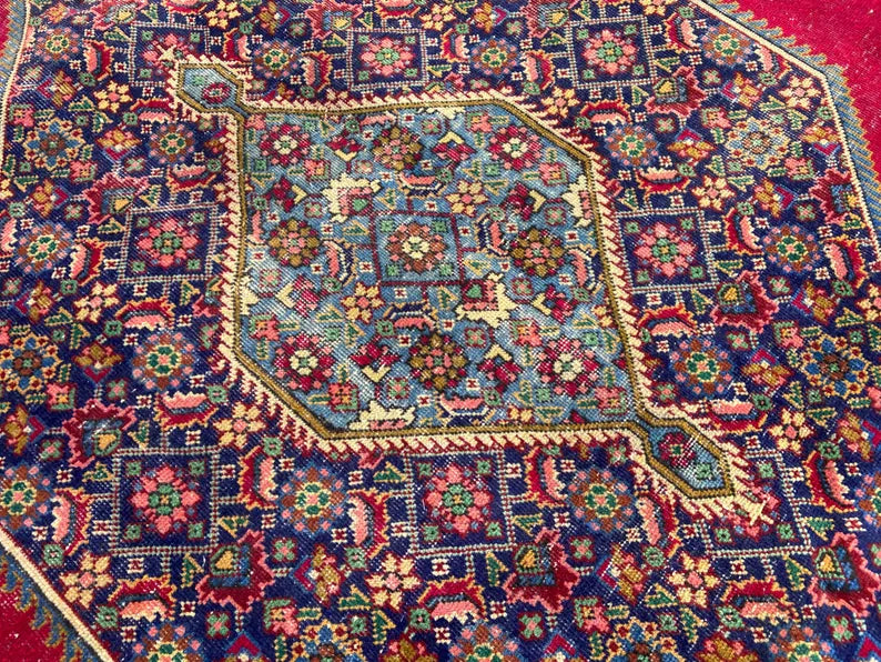 9.6x9.8 Vintage Persian Rug | Antique Geometric Wool Area Rug | Red Blue Oriental Carpet