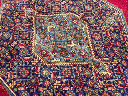 9.6x9.8 Vintage Persian Rug | Antique Geometric Wool Area Rug | Red Blue Oriental Carpet
