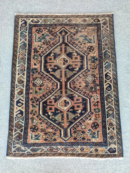 3x4 Persian Shiraz Rug | Hand Knotted Wool Rug | Antique Navy Oriental Carpet