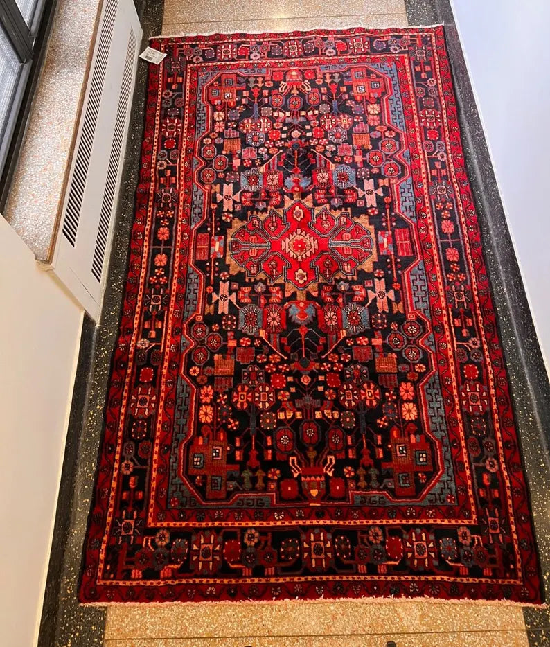 5.5x9.5 Persian Nahavand Rug | Hand Knotted Wool Area Rug | Colorful Folk Art Carpet